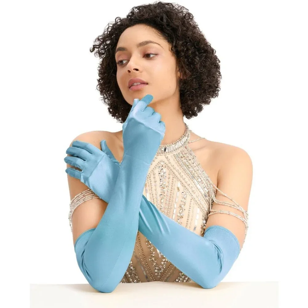 Women's Evening Blue Long Satin Gloves Elbow Length Formal Party Prom Wear